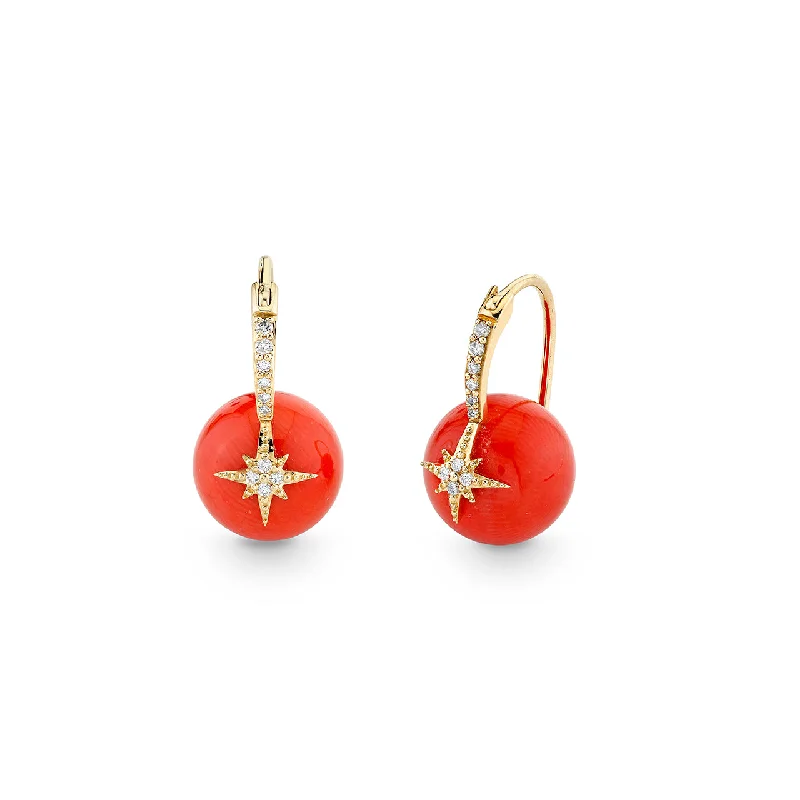 Handmade Gold Earrings-Gold & Diamond Starburst Red Coral Earrings