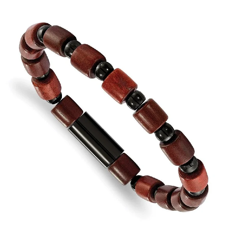 Fashionable Stackable Bracelets-Stainless Steel Polished Black IP-plated w/Wooden Beads Stretch Bracelet