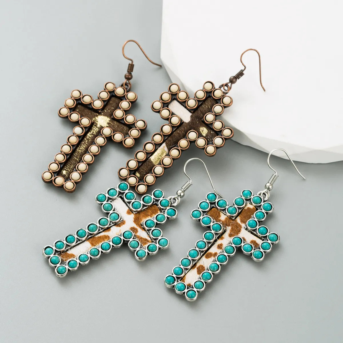 Retro Cross Leopard Alloy Inlay Turquoise Women's Ear Hook 1 Pair