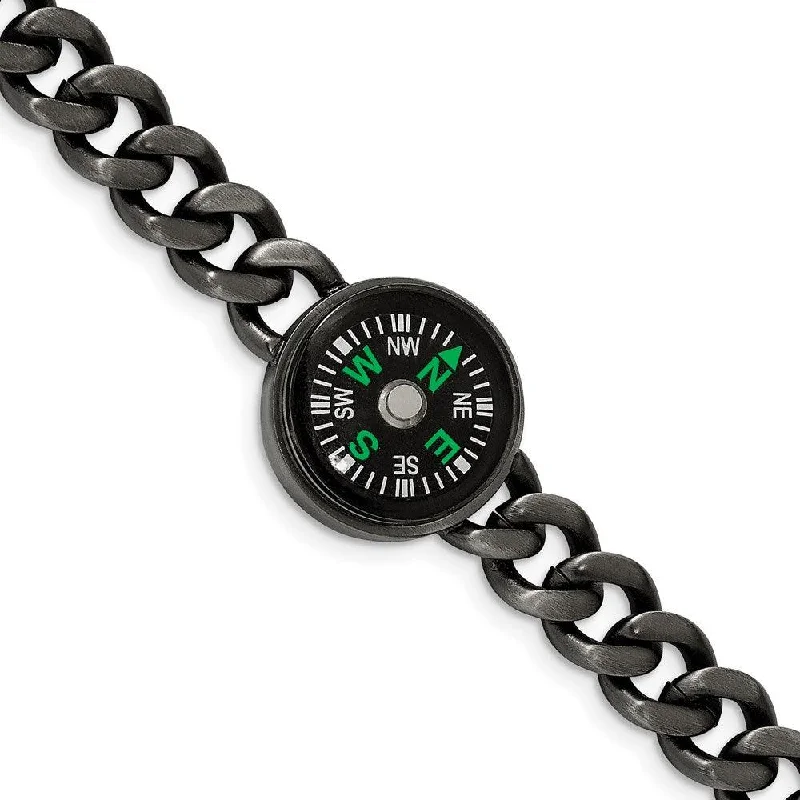 Stylish Diamond Bracelet-Stainless Steel Brushed Gun Metal IP-plated Compass 8.25in Bracelet