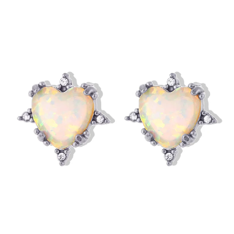 Peach Heart Opal Stud Earrings-Silver White