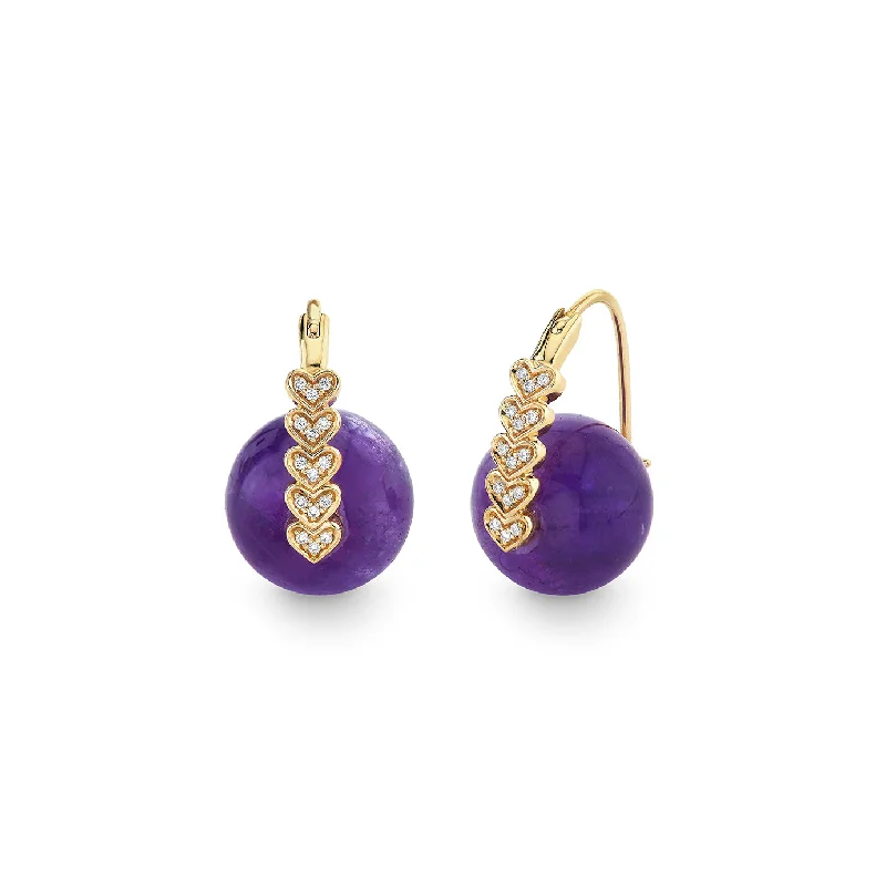 Trendy Drop Earrings-Gold & Diamond Heart Amethyst Earrings