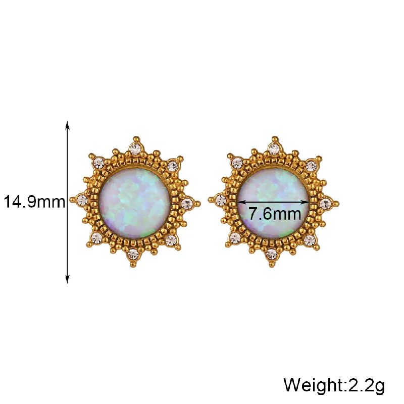 Round Sun Opal Stud Earrings-Golden Blue