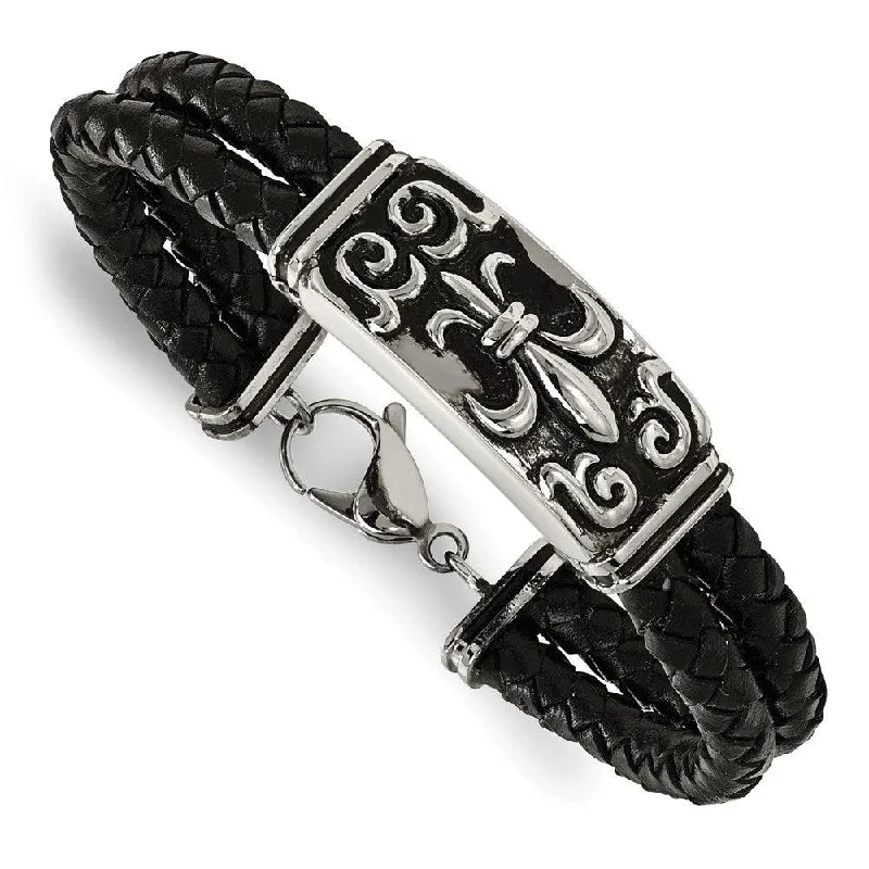 Men’s Gemstone Bracelet-Stainless Steel Polished Antiqued Fleur De Lis Black Leather Bracelet