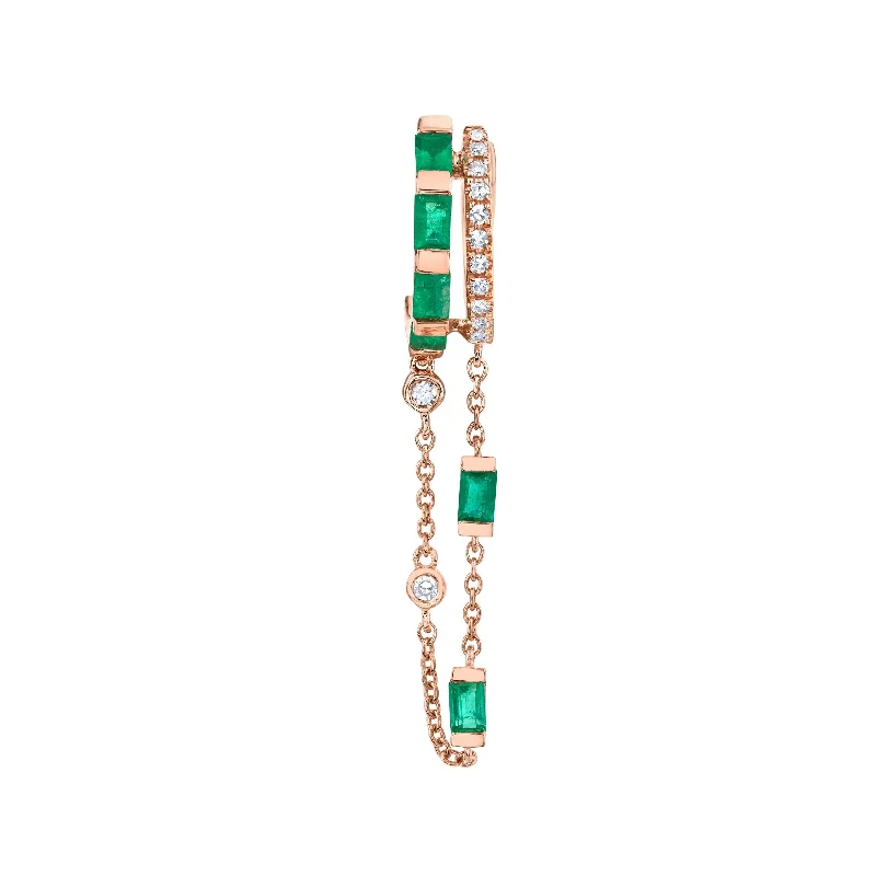 Oval Dangle Earrings-SINGLE EMERALD & DIAMOND DOUBLE MIXED FRINGE HUGGIES