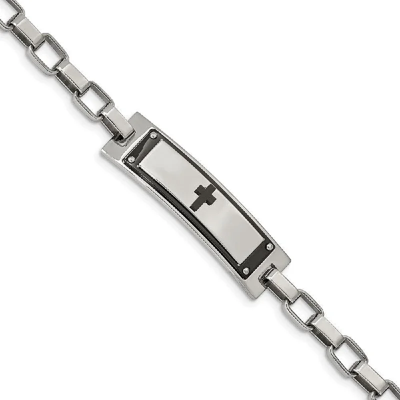 Customizable Gemstone Cuff-Stainless Steel Polished Black IP-plated Cross 8.5in Link Bracelet