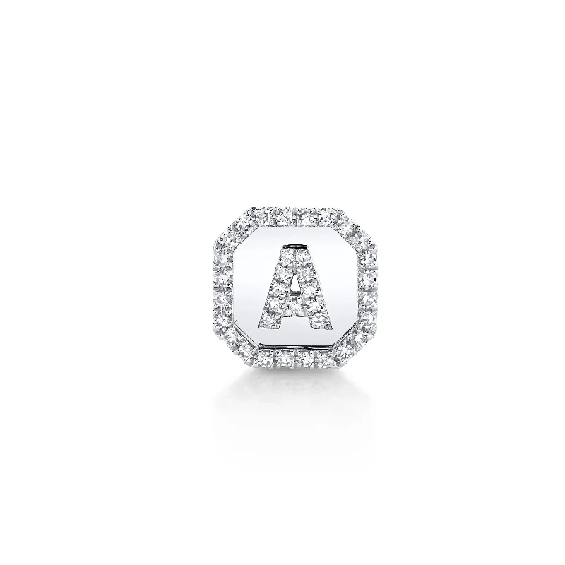 Luxury Silver Earrings-MINI ME DIAMOND PAVE INITIAL SINGLE NAMEPLATE STUD