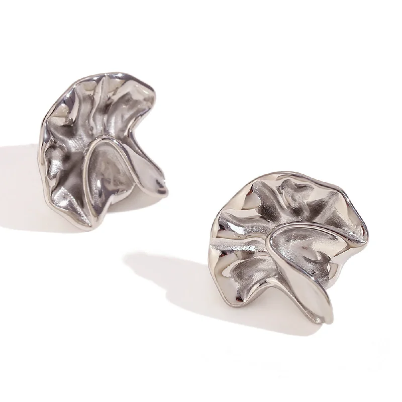 Irregular Beating Pattern Flip Pleated Ear Studs-Steel Color