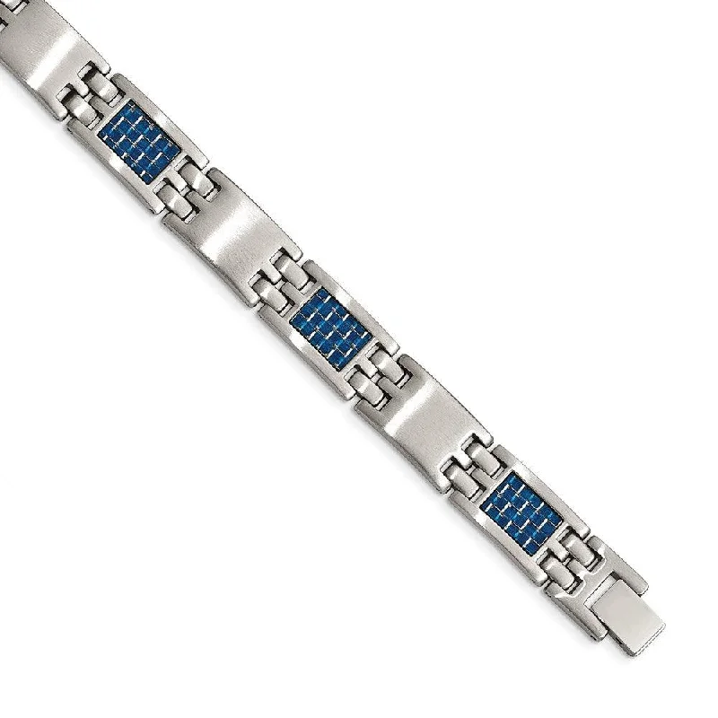 Elegant Chain Bangle-Stainless Steel Brushed with Blue Carbon Fiber Inlay Bracelet