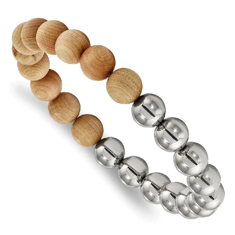 Geometric Charm Bracelet-Stainless Steel Polished with Cypress Wood Beads Stretch Bracelet