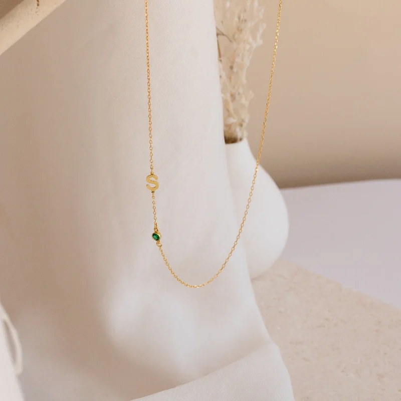 Fashionable Chain Necklace-Sideways Initial Birthstone Necklace