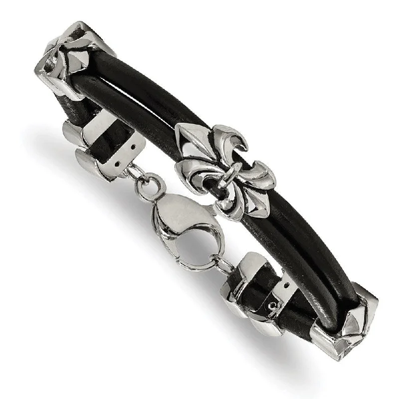 Custom Bracelet for Friends-Stainless Steel Polished Antiqued Fleur De Lis Black Leather Bracelet