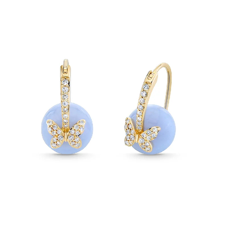 Flower Earrings-Gold & Diamond Butterfly Blue Lace Agate Earrings