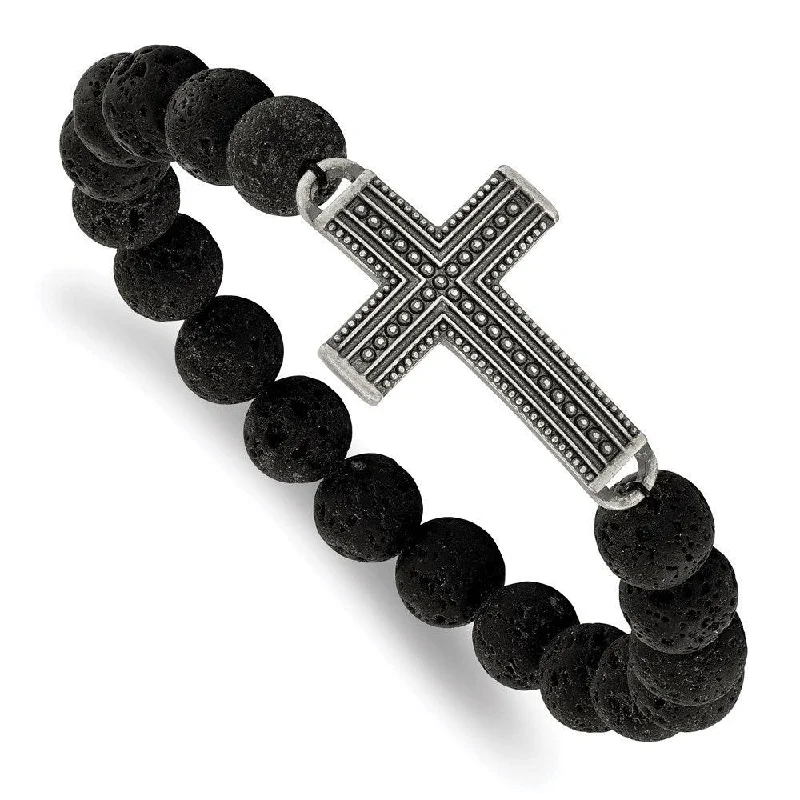 Women’s Crystal Cuff Bracelet-Stainless Steel Antiqued GunMetal IP w/Lava Stone Cross Stretch Bracelet