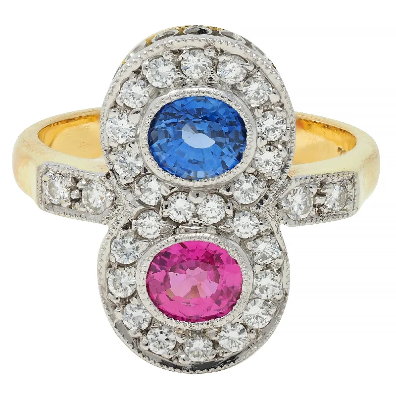 1980's 2.60 CTW Pink Blue Sapphire Diamond Platinum 18 Karat Gold Vintage Toi-Et-Moi Ring