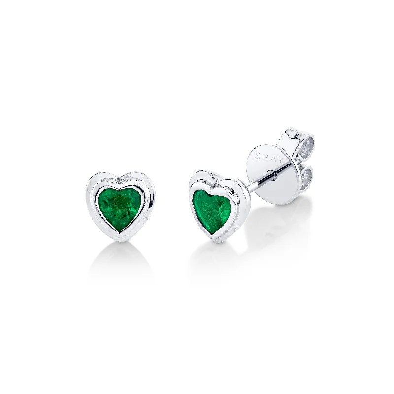 Sterling Silver Earrings-EMERALD BEZEL HEART STUDS