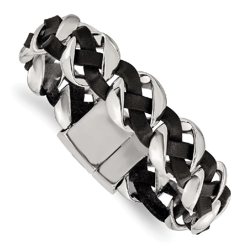 Fashionable Charm Bracelet-Stainless Steel Polished Leather Braided Bracelet