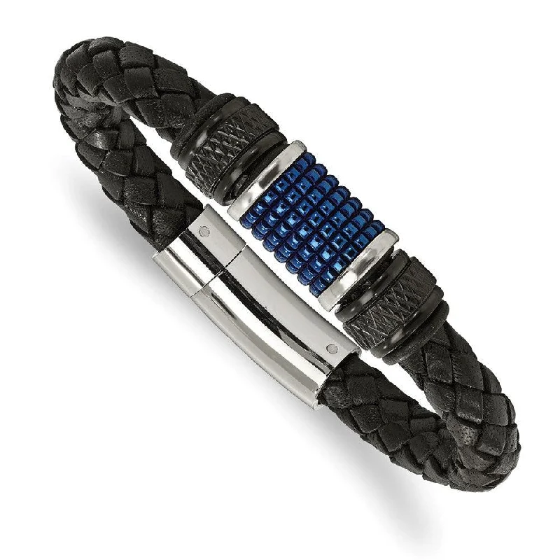 Black Leather Bracelet-Stainless Steel Polished Blk & Blue IP Blk Rubber Blk Leather Bracelet