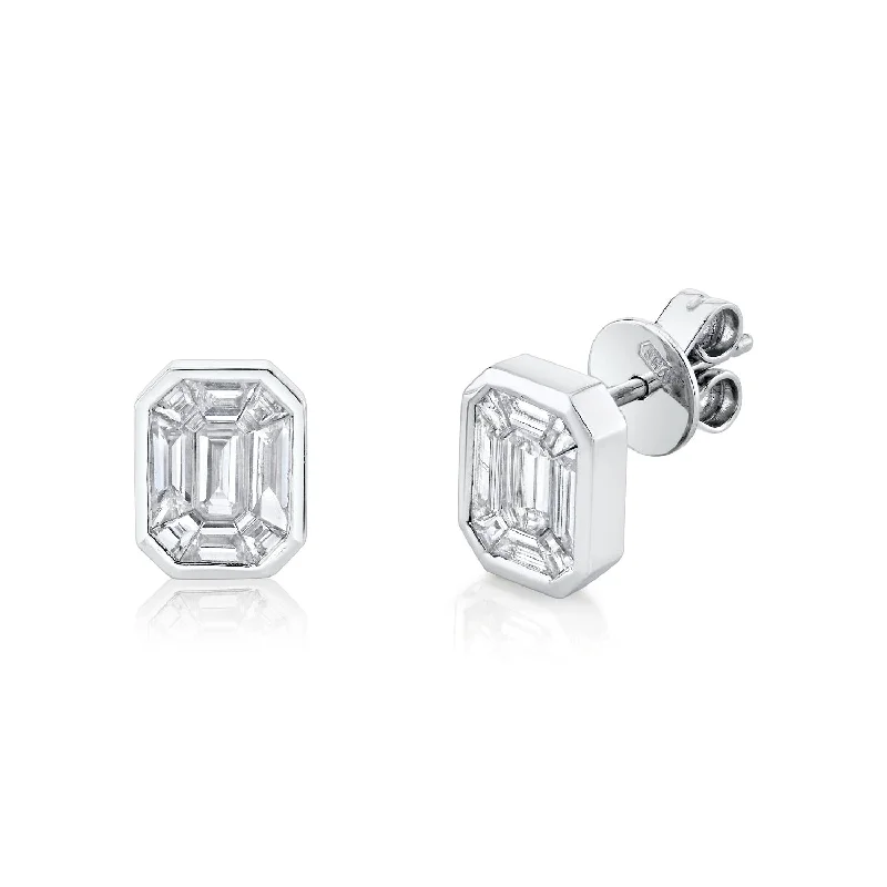 Silver Hoop Earrings-DIAMOND EMERALD CUT ILLUSION STUDS