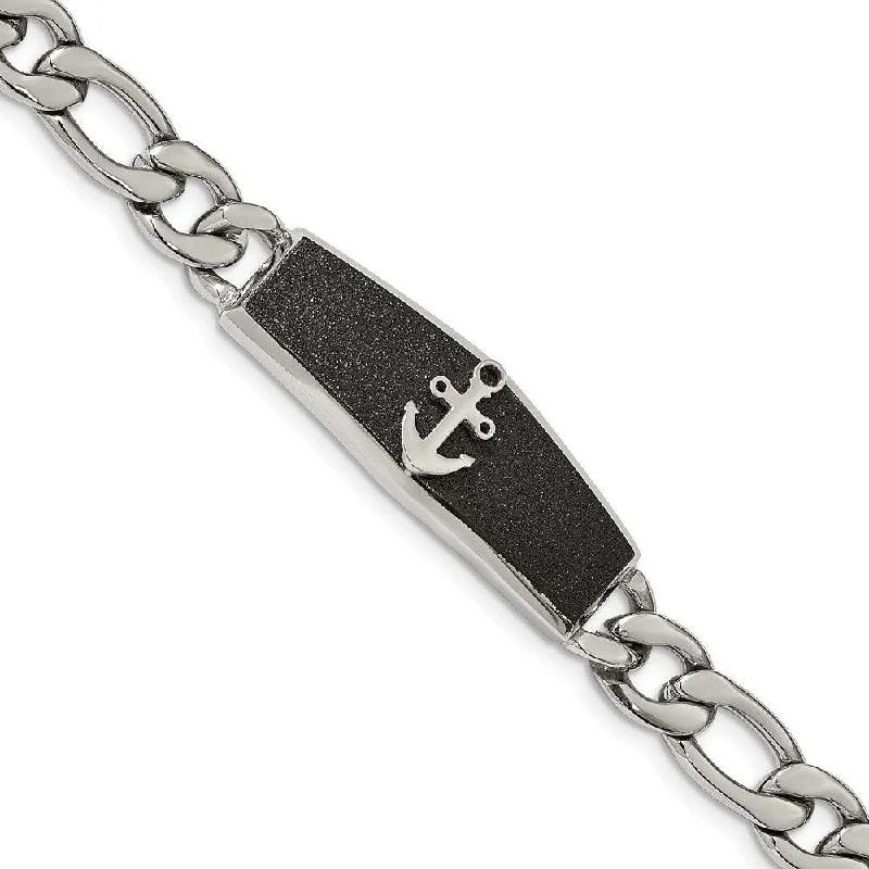 Adjustable Silver Charm Bracelet-Stainless Steel Polished Black IP-plated Laser cut Anchor 8.5in Bracelet