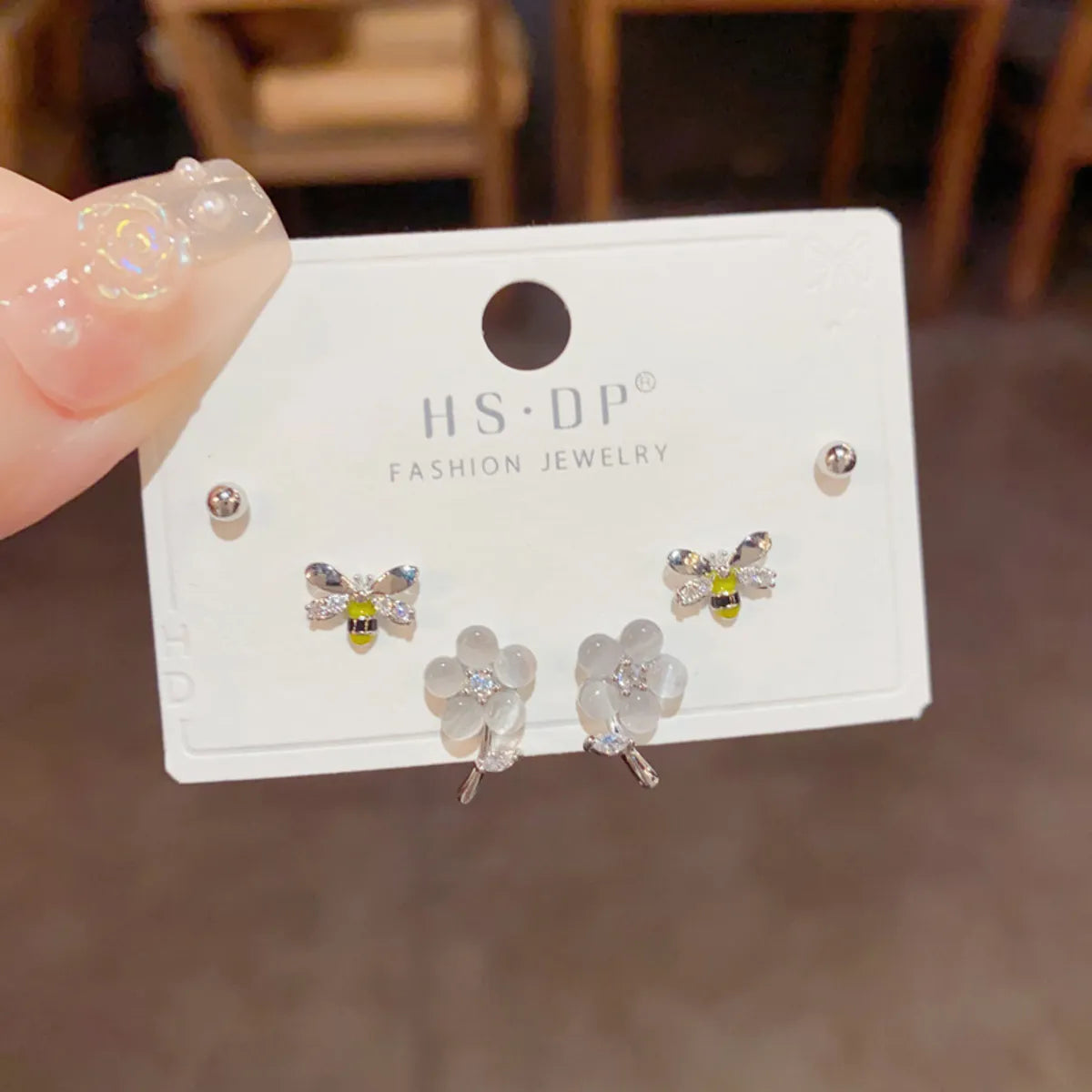 121# Silver-Opal Flower Bee Three-Piece Earrings (Thick Real Gold Plating)