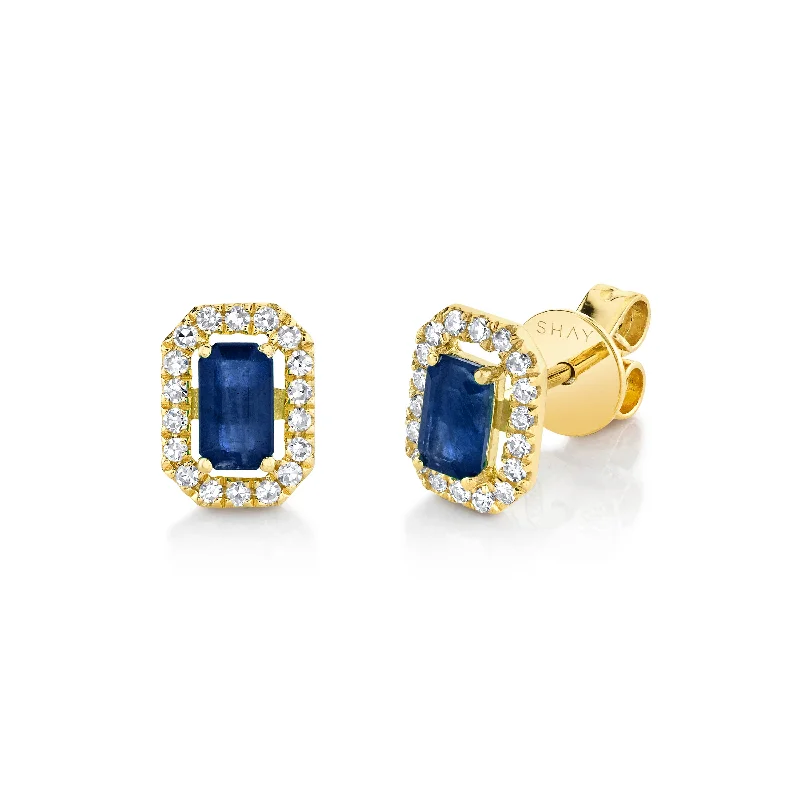 Simple Drop Earrings-READY TO SHIP MINI ME DIAMOND HALO BLUE SAPPHIRE STUDS