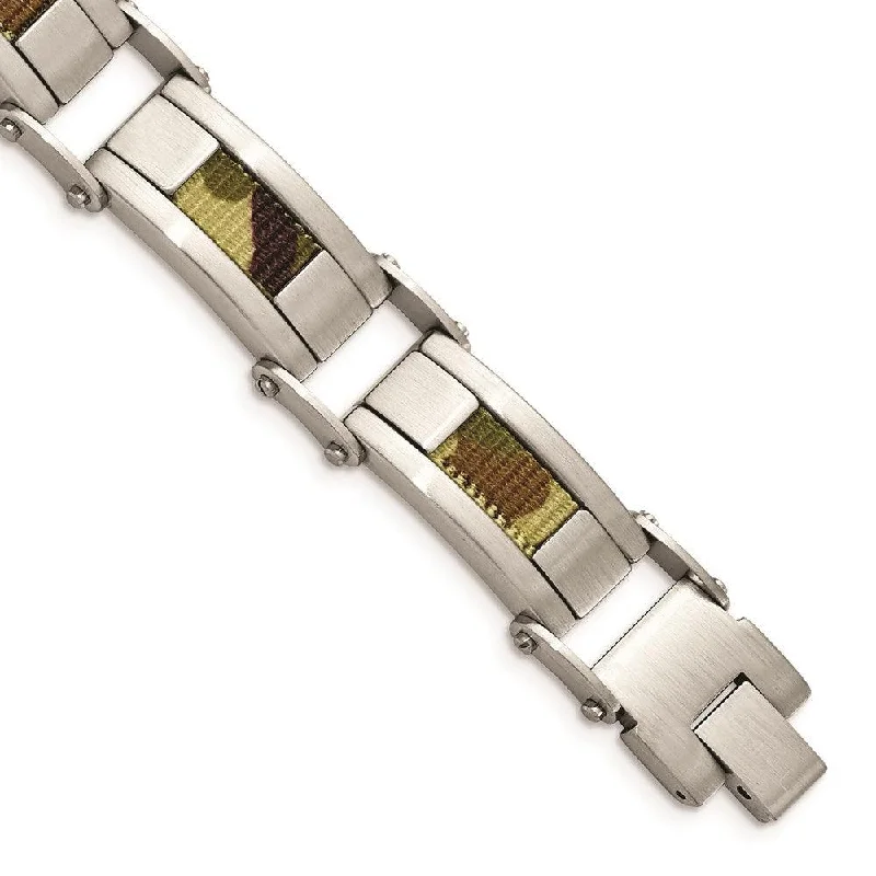 Vintage Crystal Bracelet-Stainless Steel Satin w/Brown Camo Fabric Inlay 8.5in. Link Bracelet