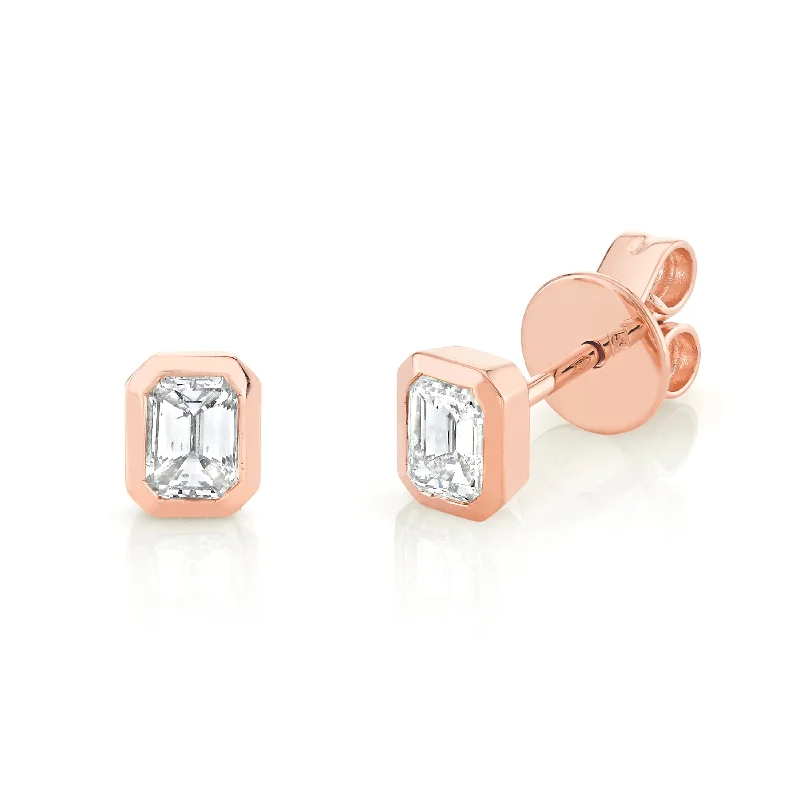 Gemstone Earrings-DIAMOND EMERALD CUT BEZEL STUDS