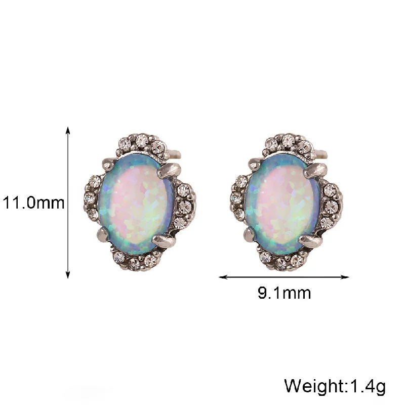 Vintage Oval Petal Opal Stud Earrings-Silver Blue