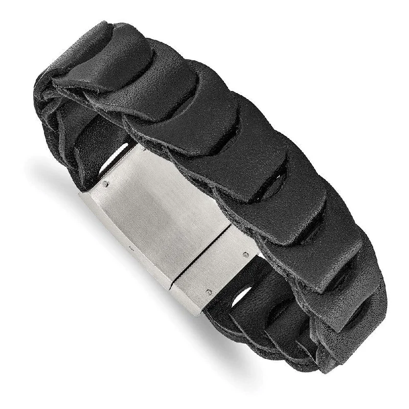 Gemstone Bracelet-Stainless Steel Brushed Black Leather Bracelet