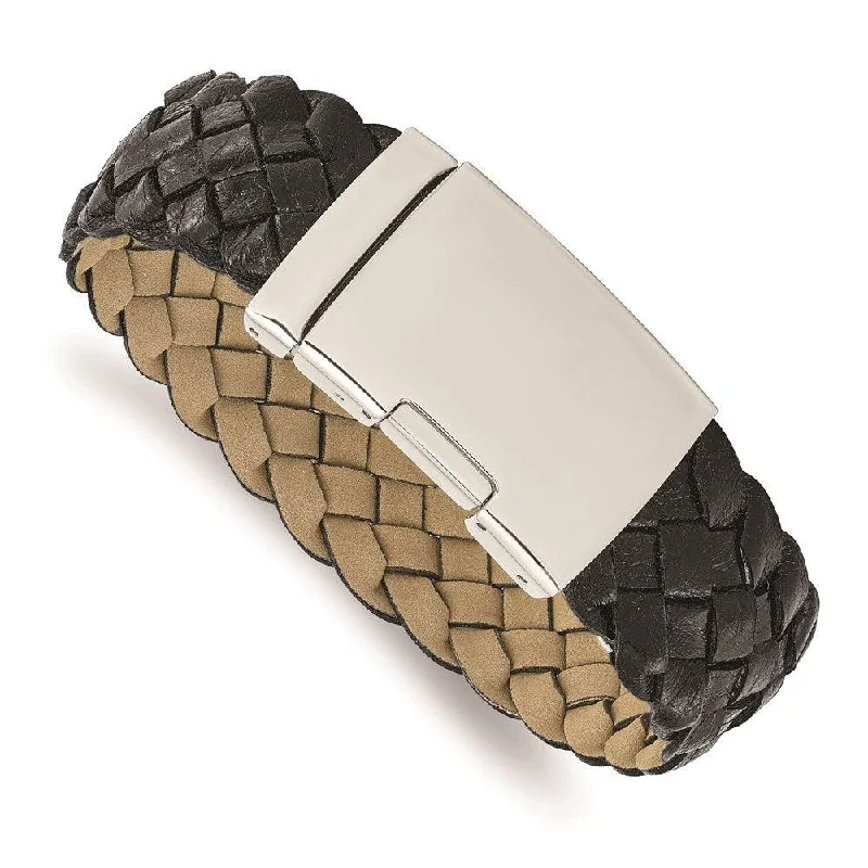 Modern Beaded Bracelet-Stainless Steel Polished Black Leather Buckle Bracelet