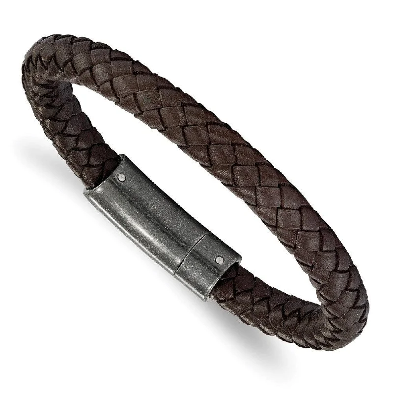 Sparkling Crystal Bracelet-Stainless Steel Brushed Brown Braided Genuine Leather 8.25in Bracelet