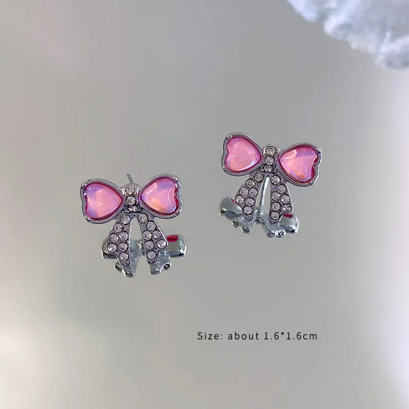 Pink Bow Tie Love Heart Stud Earrings