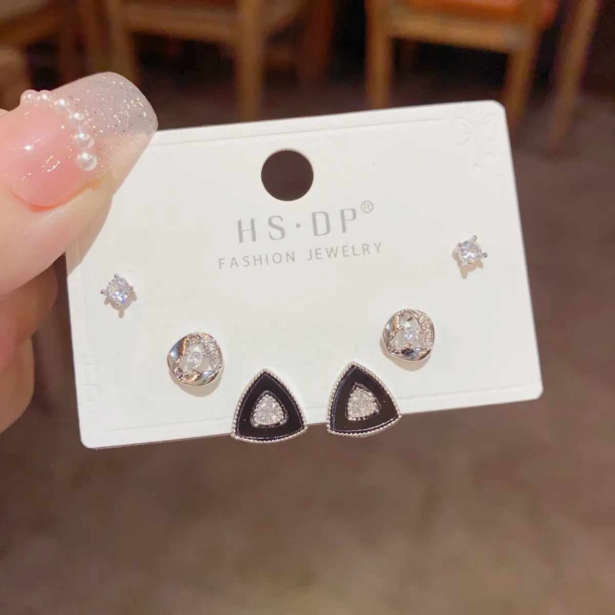 66# Silver-Geometric Triangle Zircon Combination Stud Earrings