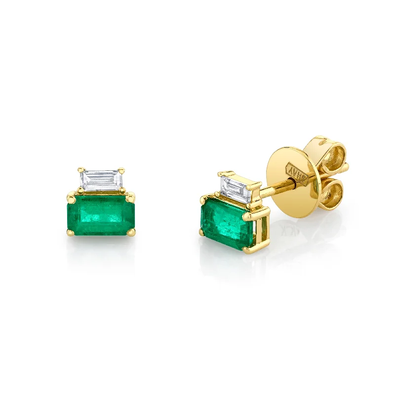 Simple Crystal Earrings-DIAMOND & EMERALD TWO STEP STUDS