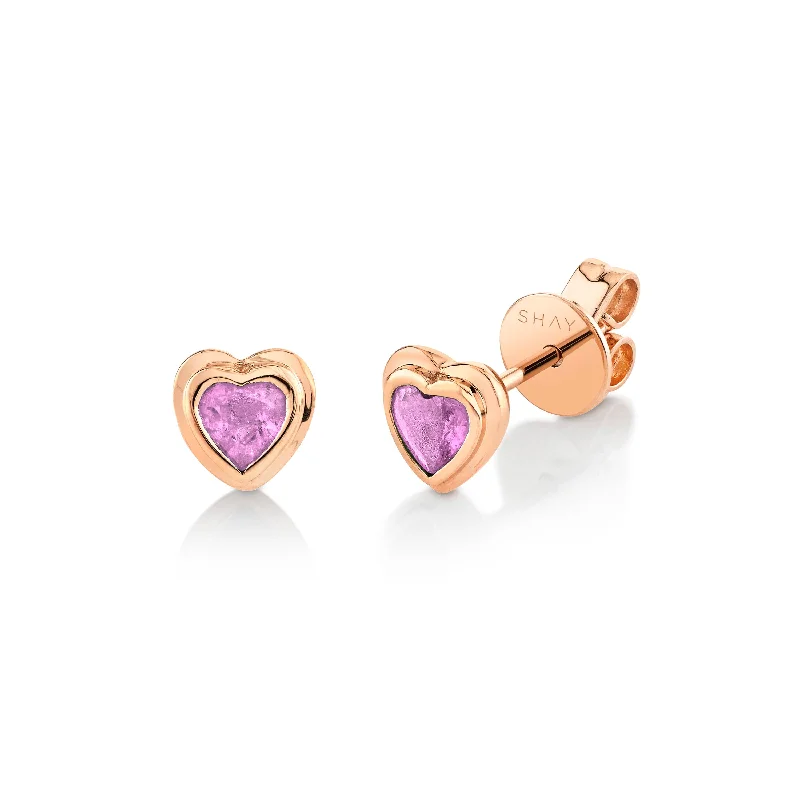 Sparkling Swarovski Earrings-READY TO SHIP MINI ME PINK SAPPHIRE BEZEL HEART STUDS