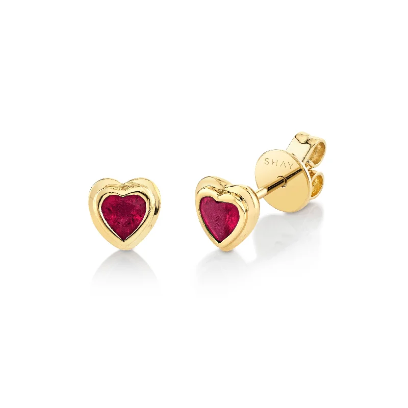 Classic Pearl Earrings-MINI ME RUBY BEZEL HEART STUDS