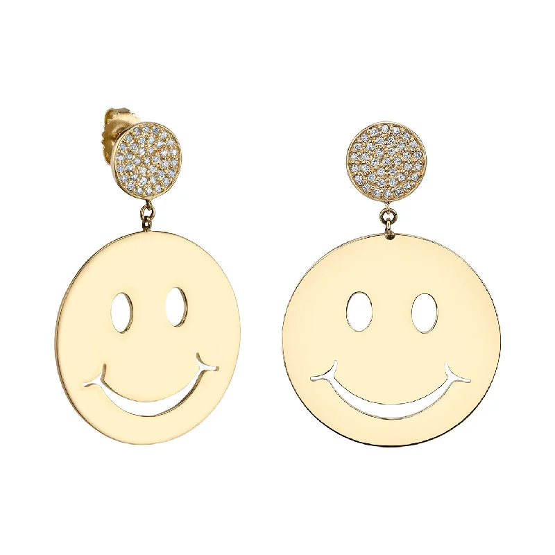 Gemstone Earrings-Gold Pure Large Happy Face Earrings with Pavé Disc Tops