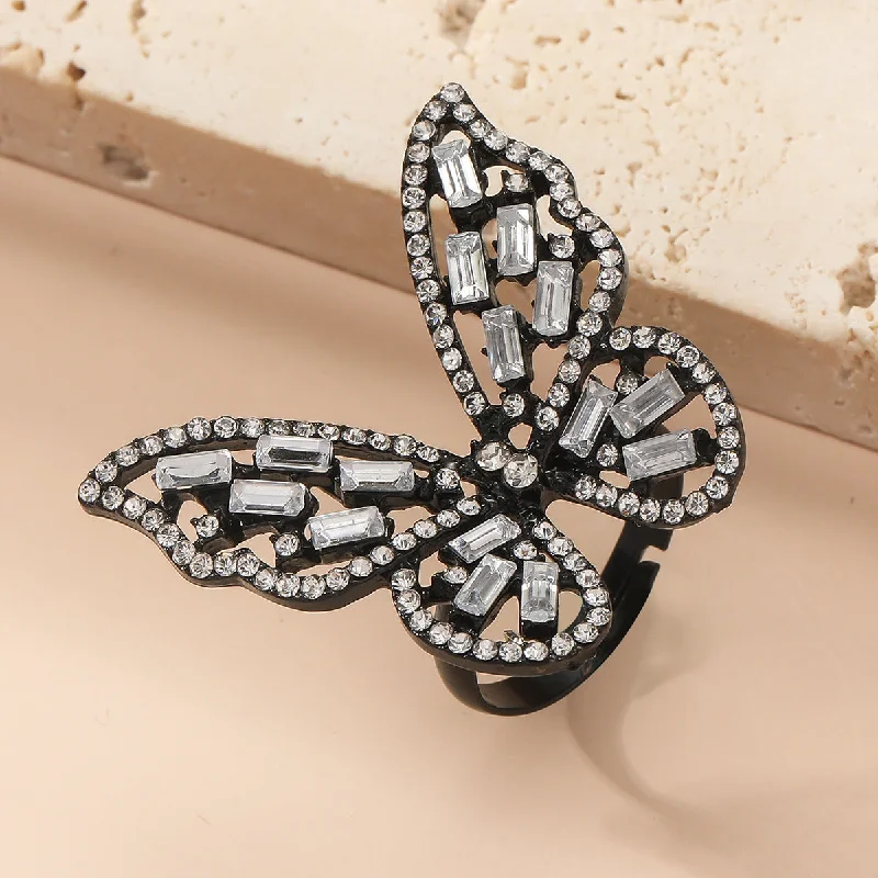 Butterfly Ring Black and White Diamonds