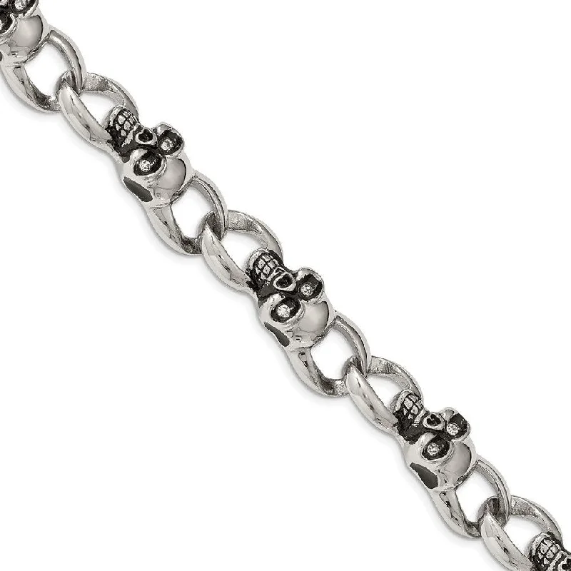 Elegant Silver Stretch Bracelet-Stainless Steel Polished and Oxidized w/ CZ Skulls 9in. Bracelet