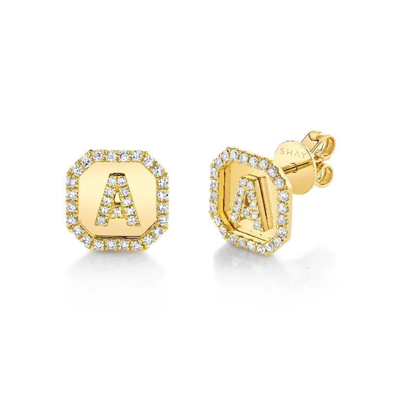 Casual Hoop Earrings-MINI ME DIAMOND PAVE INITIAL NAMEPLATE STUDS